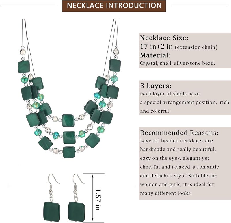 Errally Store Layered Beaded Statement Necklaces for Women Square Shell Bead Collar Necklace and Earring Set Birthday Gifts Boho Jewelry Sets for Women - Image 5